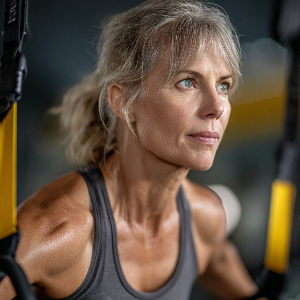 Жінка 52 років займається функціональним тренуванням з TRX петлями, показуючи гнучкість та силу