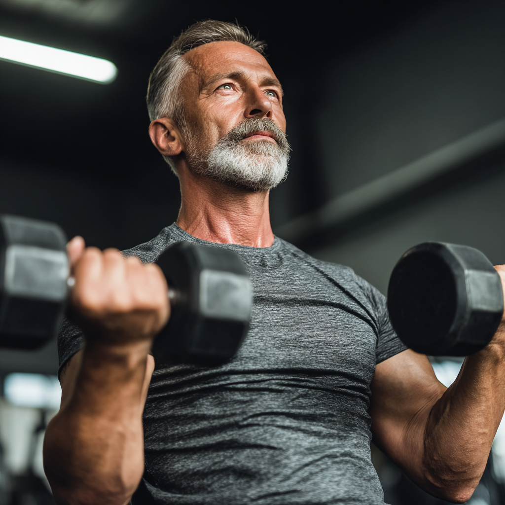 Чоловік 55 років виконує силові вправи з гантелями в спортзалі, демонструючи правильну техніку
