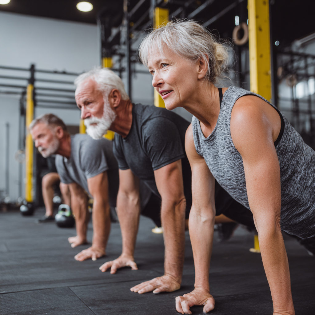 Група людей віком 50-60 років займається функціональним тренуванням разом у світлому залі
